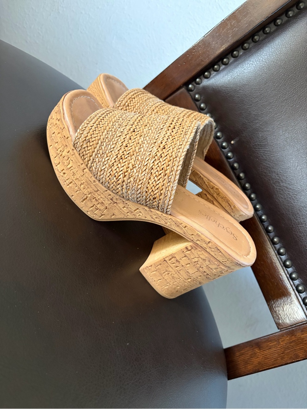 Seychelles Natural Woven Cork-Platform Slide Wedges